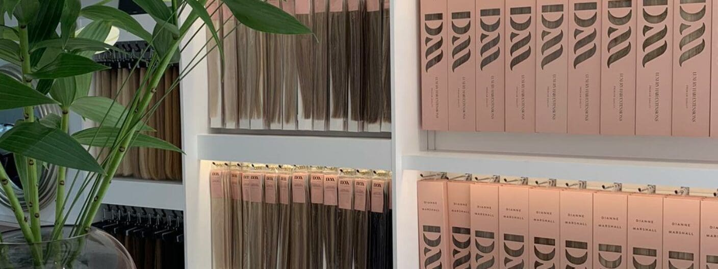 Stocked shelves at dianne marshall hair extension salon in liverpool